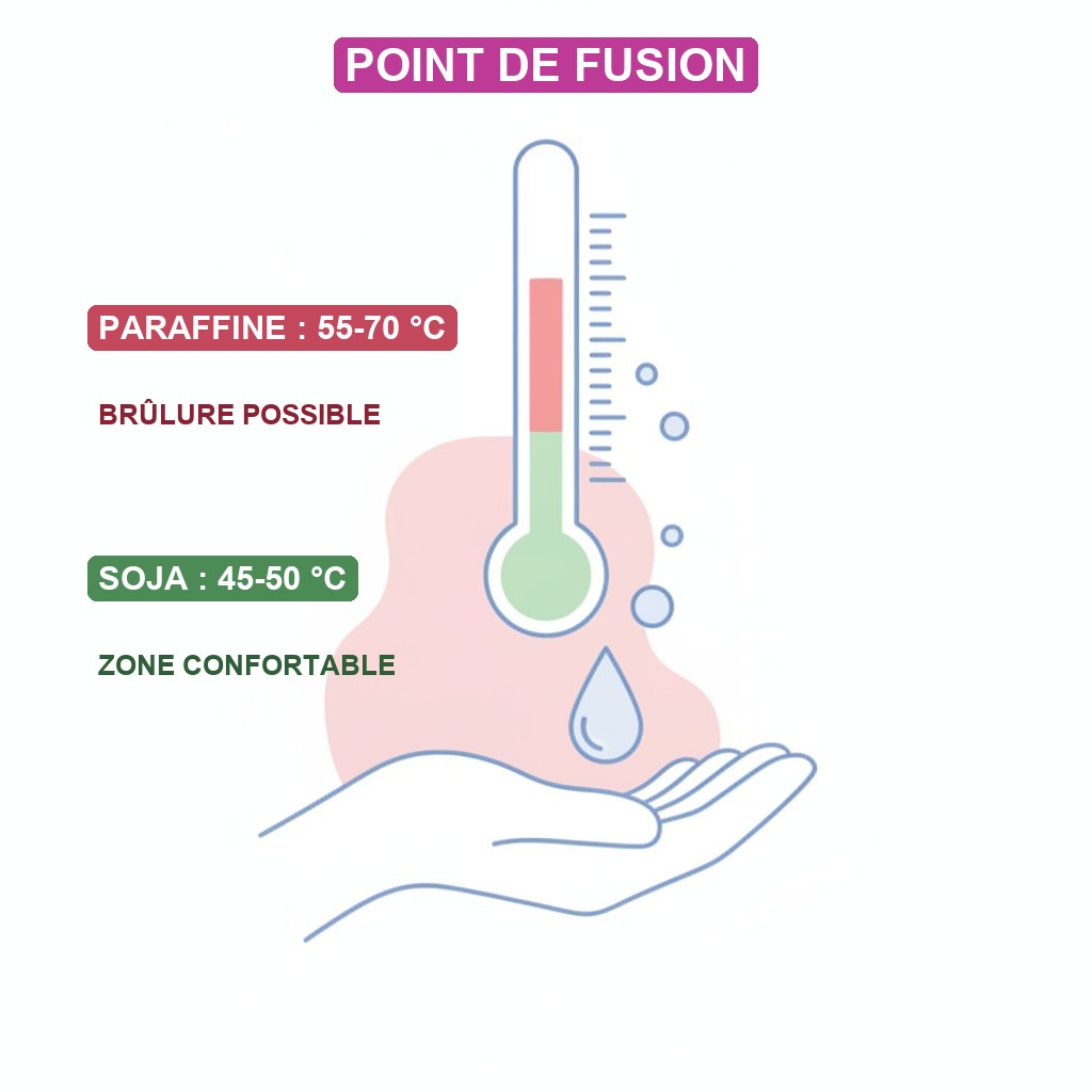 Bougie massage paraffine vs soja difference - point de fusion et risque de brulure