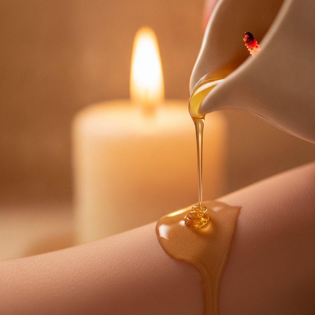 Bougie de massage embrassable vegan - huile tiede versee sur la peau