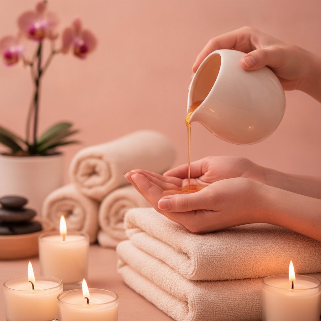 Duree combustion bougie massage 170ml guide - huile tiede versee dans la main