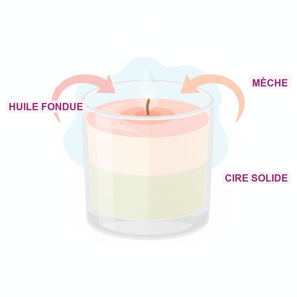 Duree combustion bougie massage 170ml guide - schema de la cire fondue et de la meche