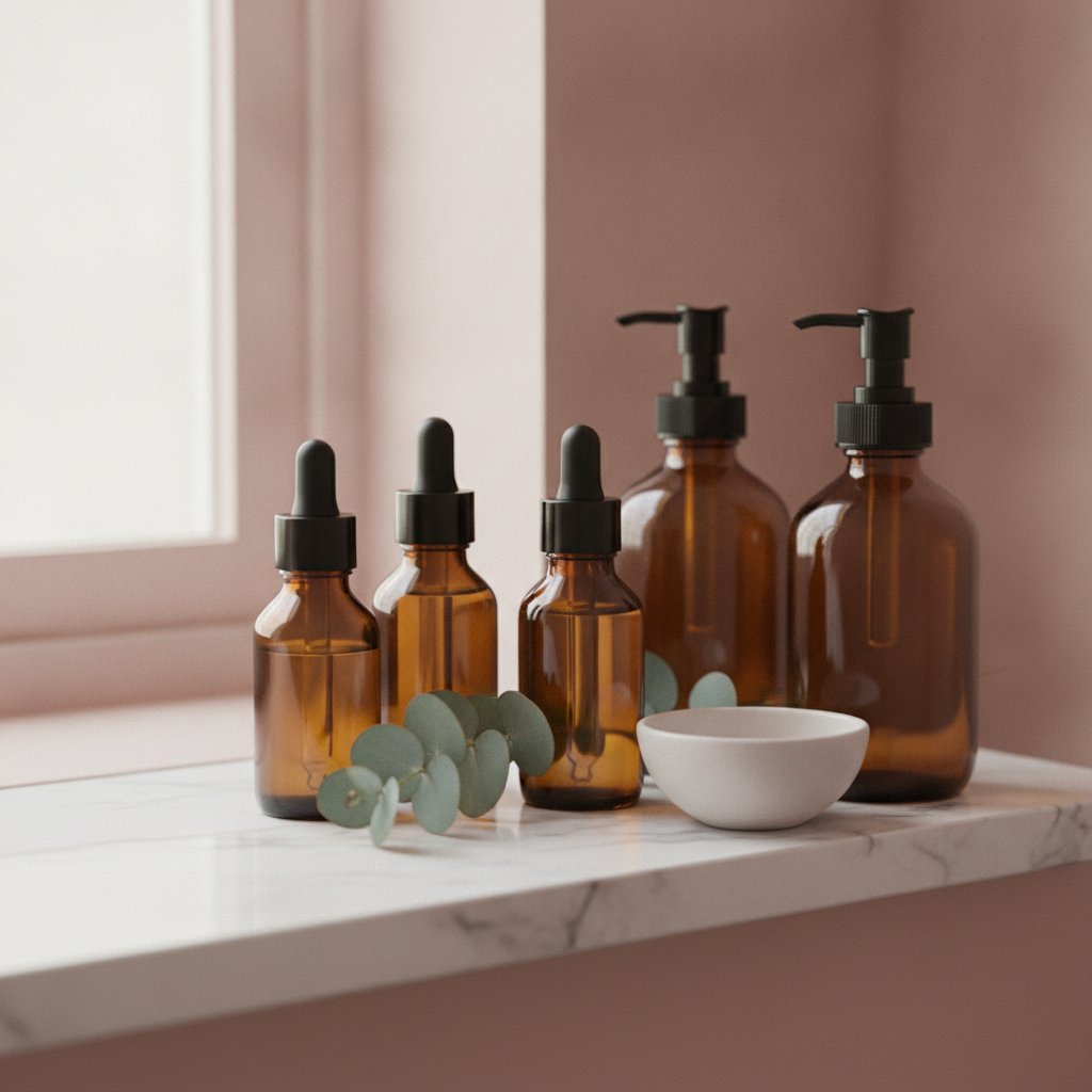 pipette pompe spray cosmetique intime hygiene - flacons ambrés soin intime sur étagère
