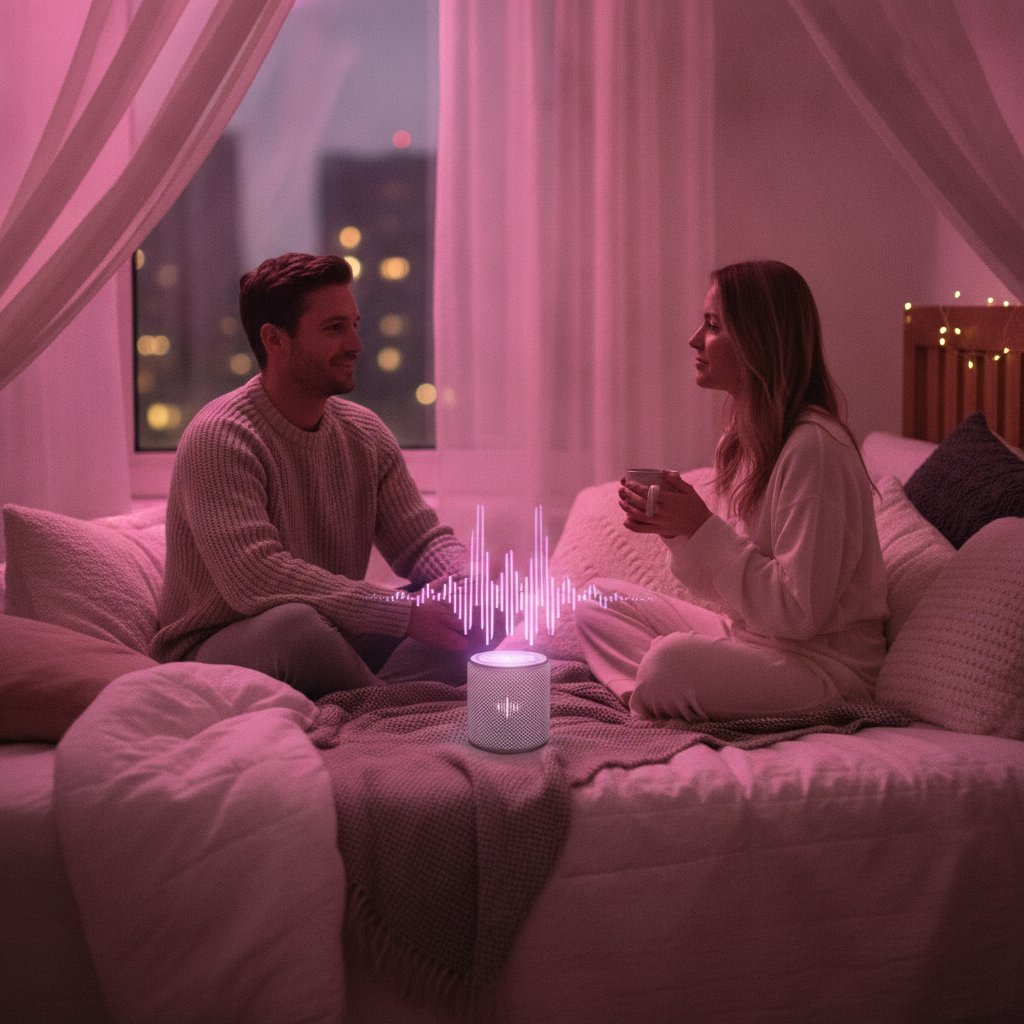 Couple écoutant ensemble la fréquence 528 Hz le soir pour renforcer leur amour