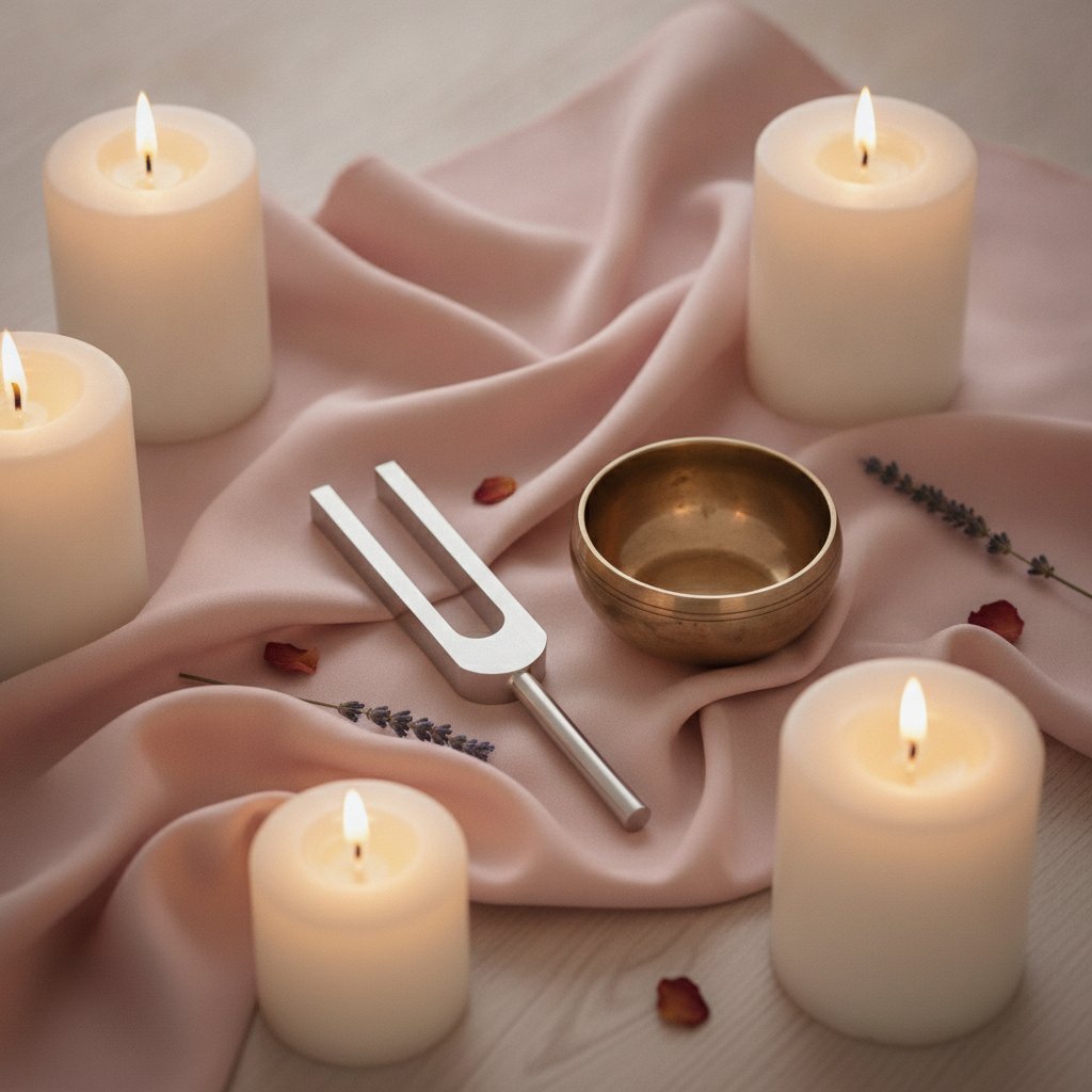Diapason et bol tibétain pour rituel fréquence 528 Hz en couple, bienfaits bien-être