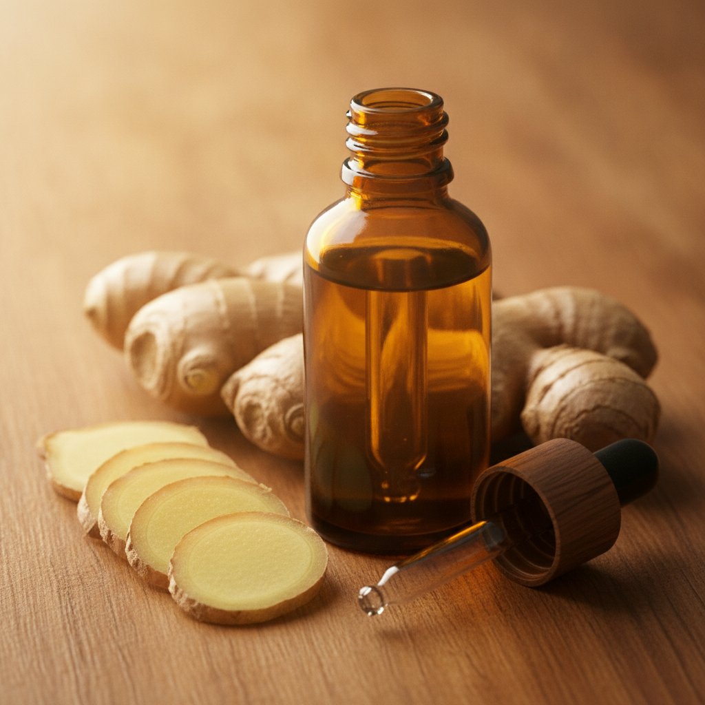 huile essentielle gingembre tonus masculin - flacon et racine fraîche