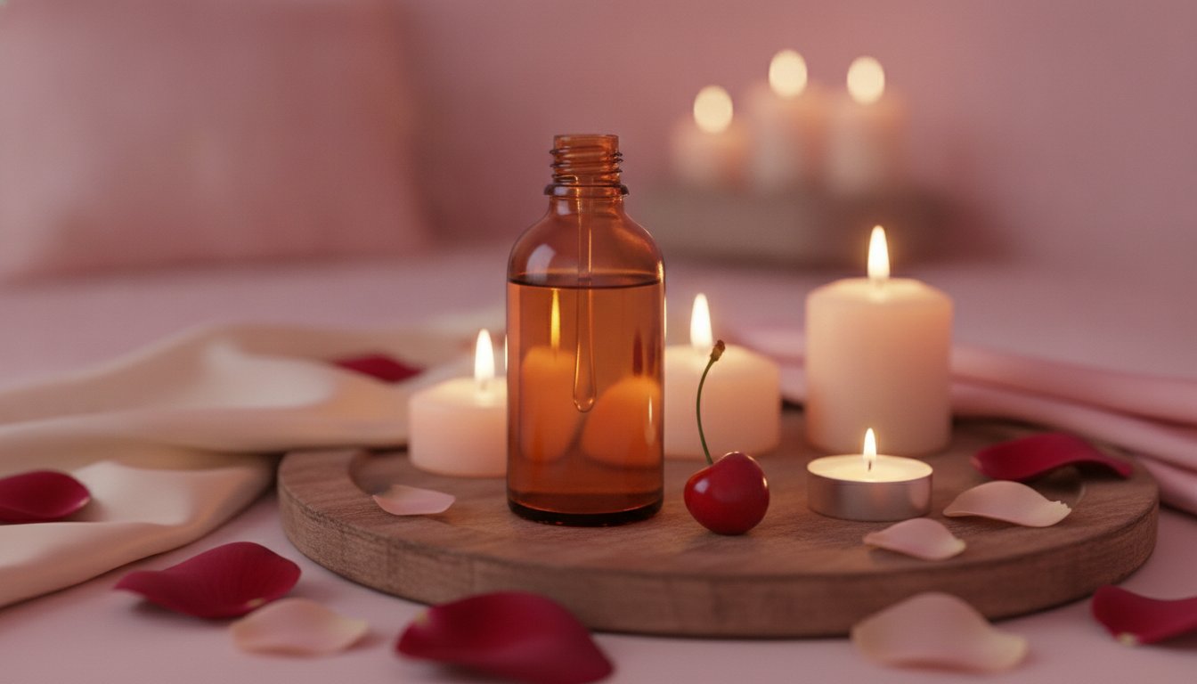 huile de massage chauffante comestible avis - flacon ambré et ambiance sensuelle