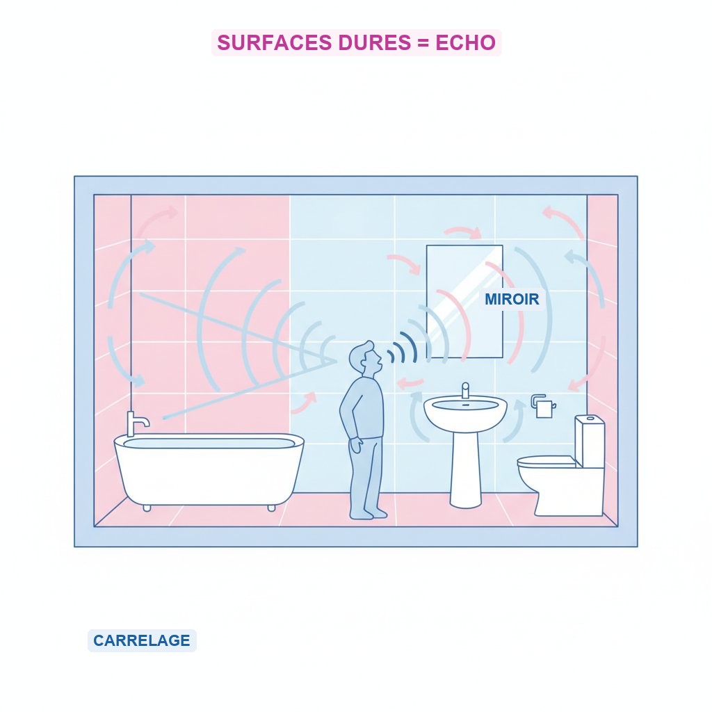 Acoustique salle de bain reverberation optimiser - schema de l'echo sur les surfaces dures