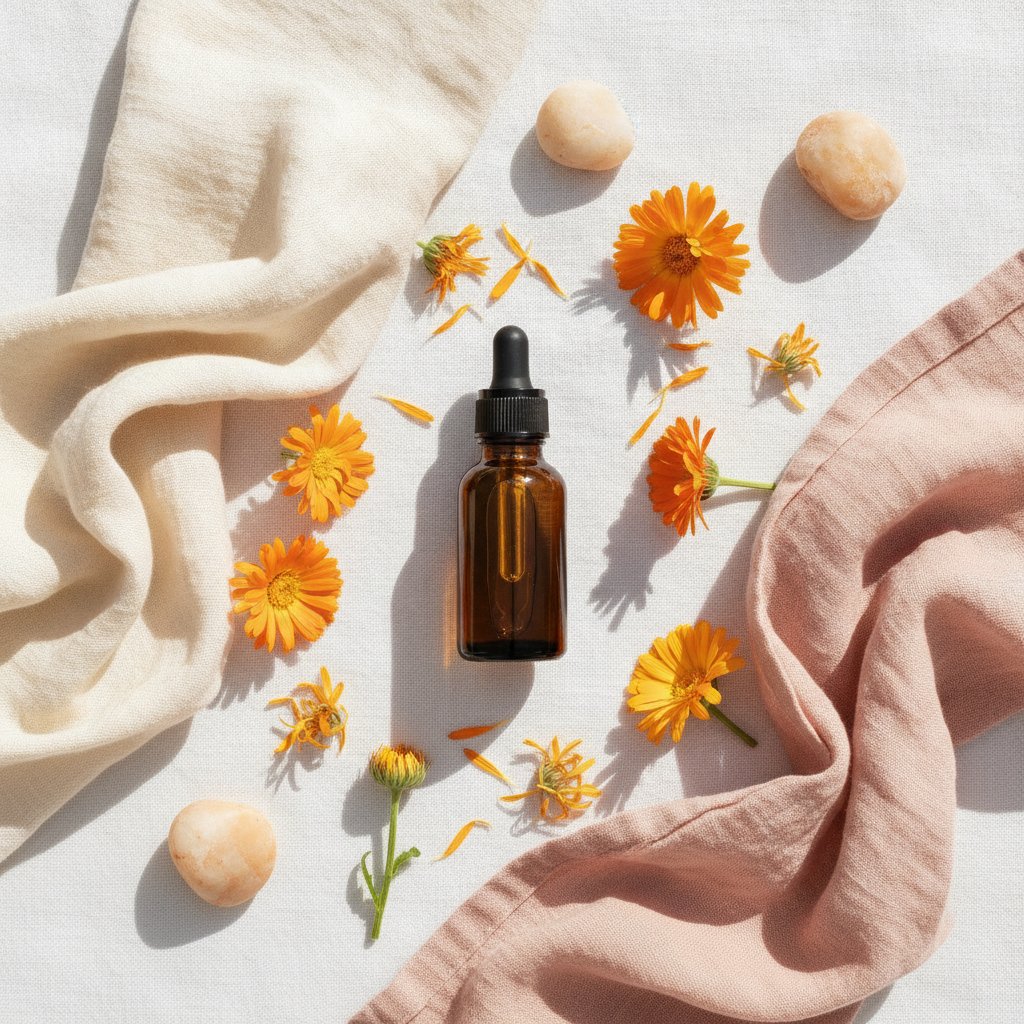 macérât calendula vulve sécheresse soin - flacon d'huile végétale et cotons pour soin intime