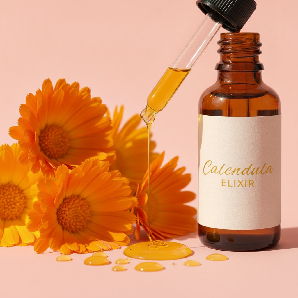 macérât calendula vulve sécheresse soin - fleurs de calendula et gouttes d'huile