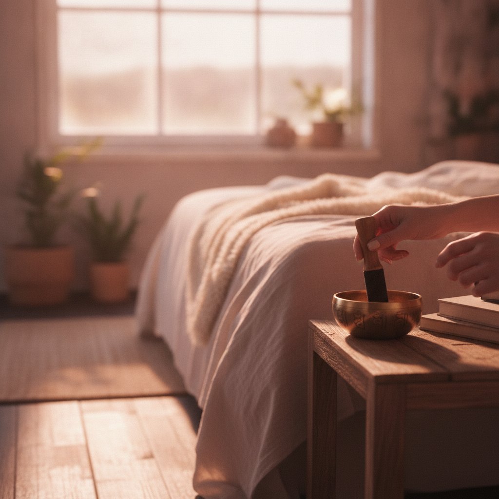 Rituel sonore matinal couple energie positive - bol tibétain sur table de chevet au lever du soleil