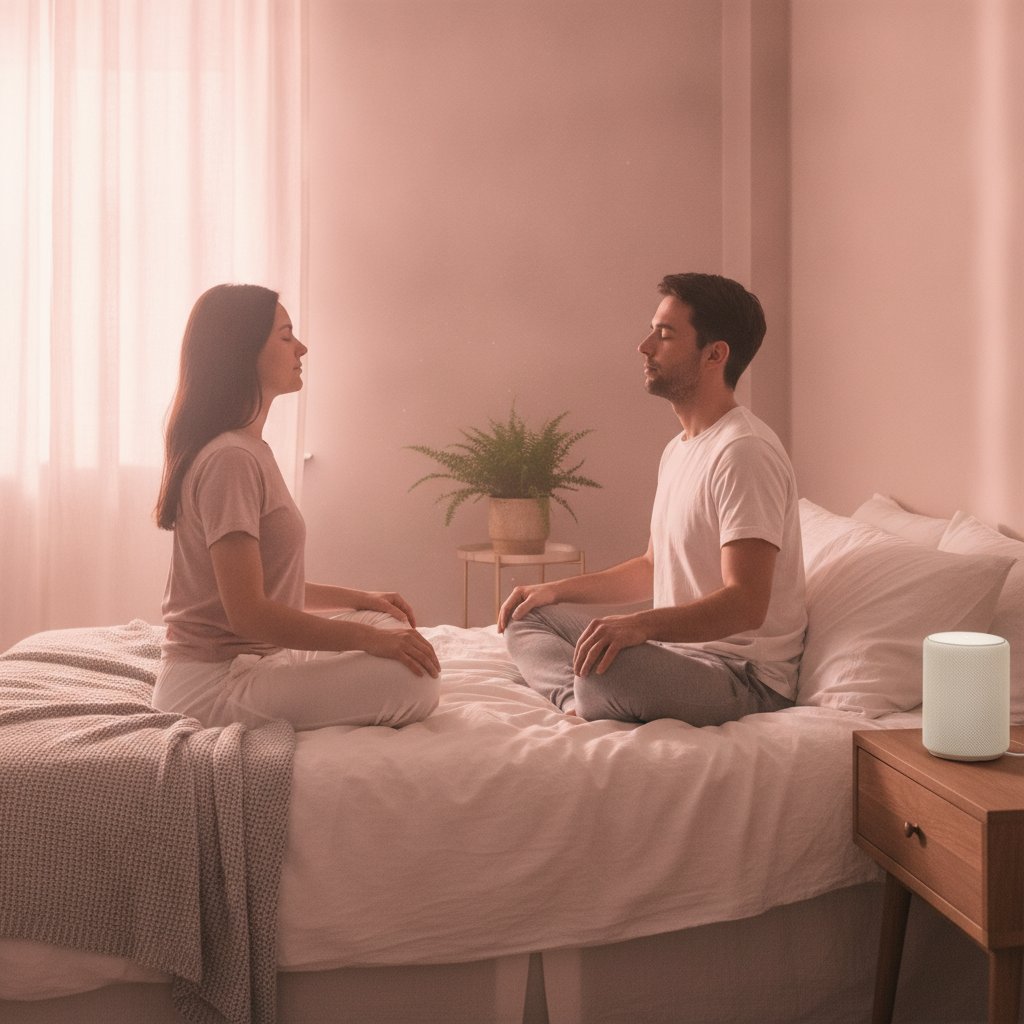 Rituel sonore matinal couple energie positive - couple assis en silence partagé au réveil