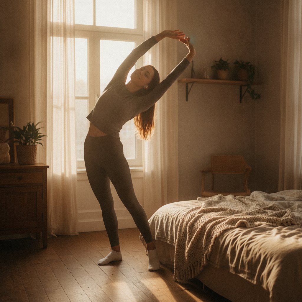 Rituel sonore matinal couple energie positive - étirement énergisant près d'une fenêtre ensoleillée