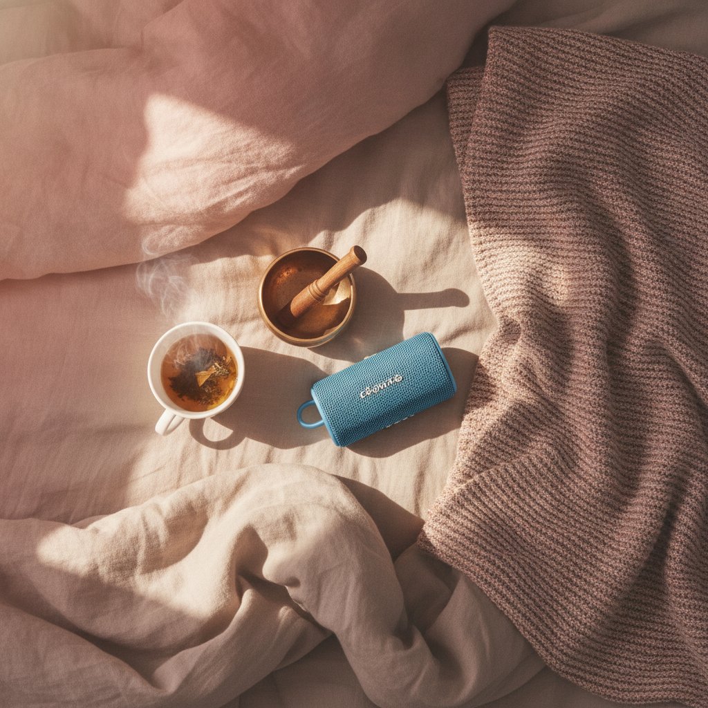 Rituel sonore matinal couple energie positive - enceinte, bol tibétain et thé sur le lit au réveil
