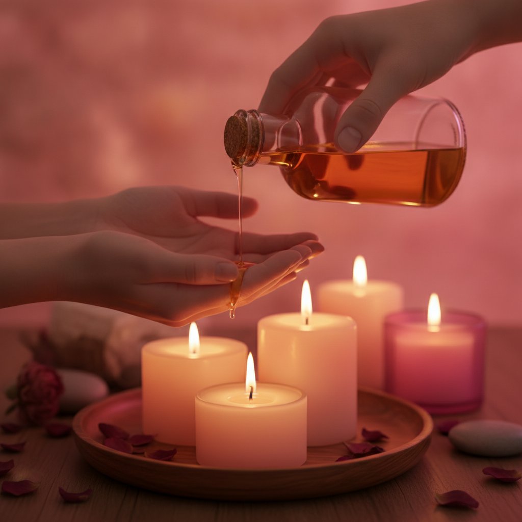 soiree massage romantique a deux preparer - huile de massage tiede dans les mains