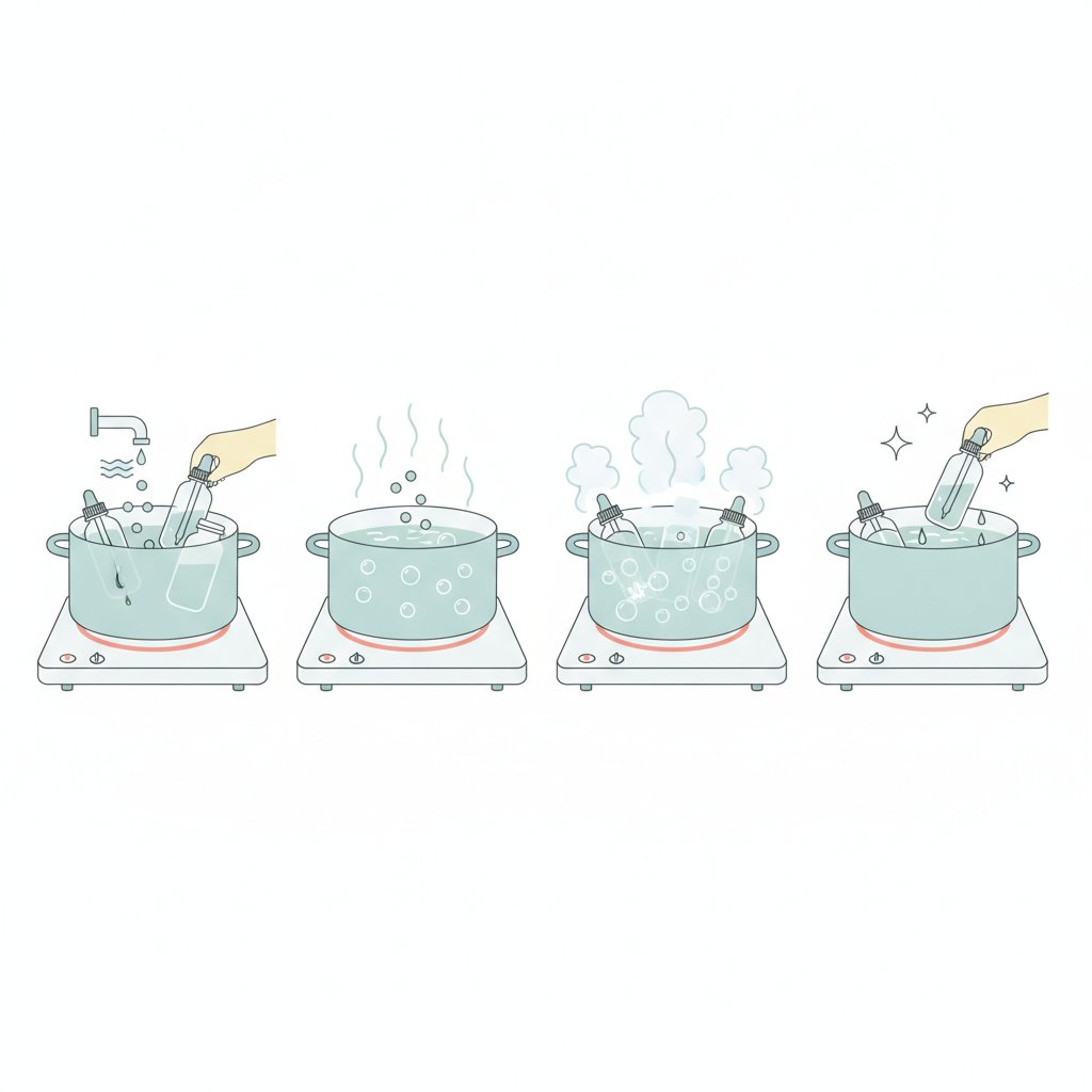 Sterilisation flacon verre cosmetique maison - etapes eau bouillante