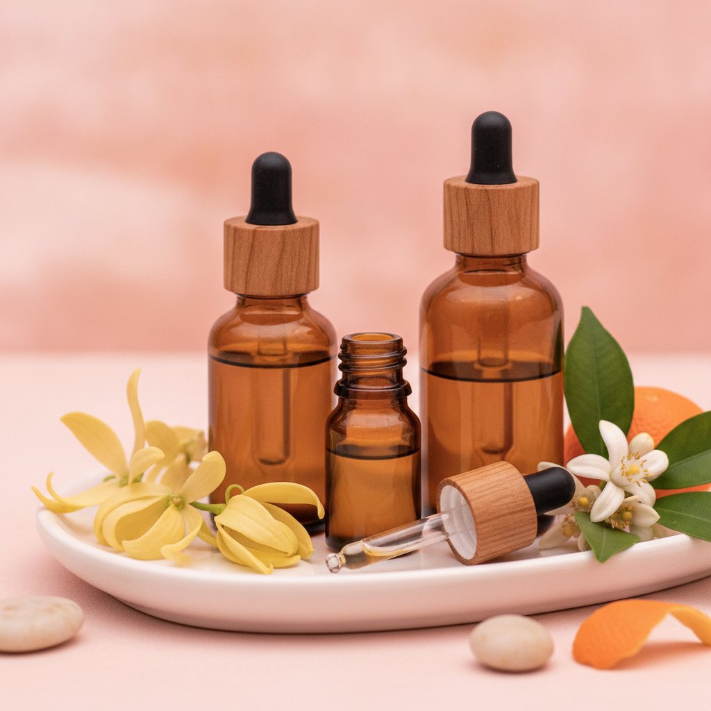 synergie huiles essentielles desir feminin - flacons ambrés et fleurs