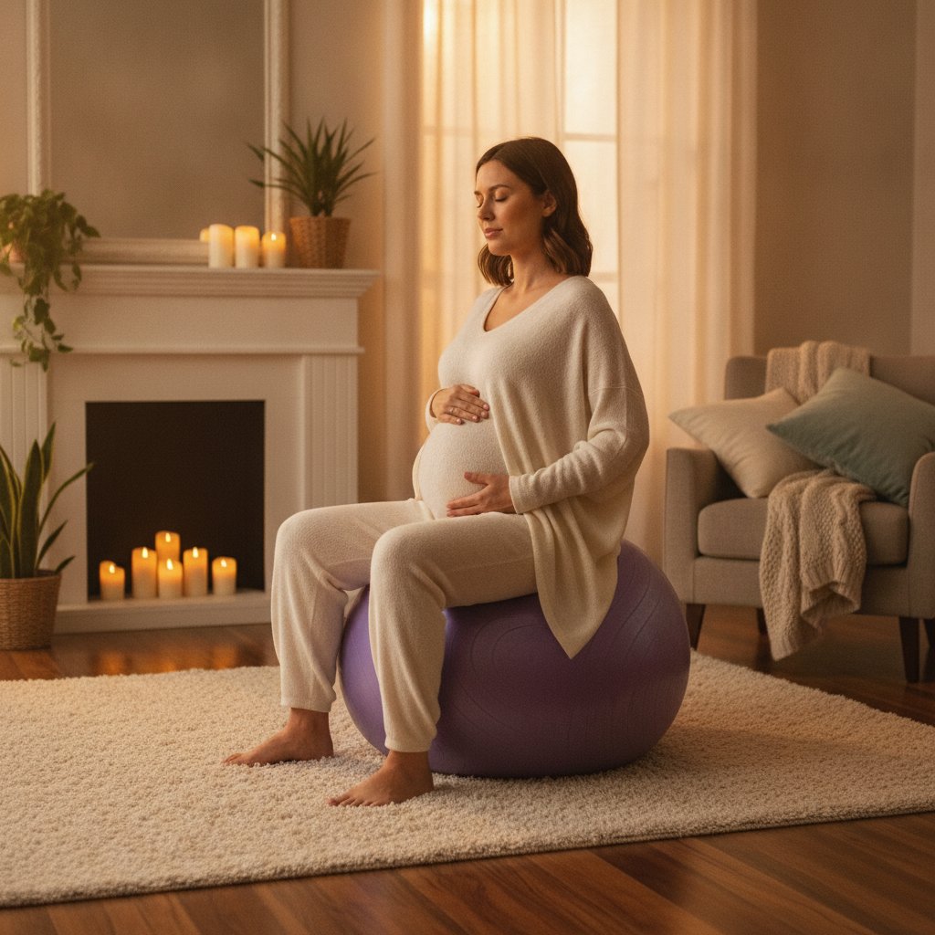 Ballon de naissance exercices bassin grossesse - femme enceinte assise en tailleur sur un ballon