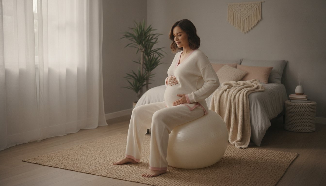 Ballon de naissance exercices bassin grossesse - femme enceinte assise sur un ballon
