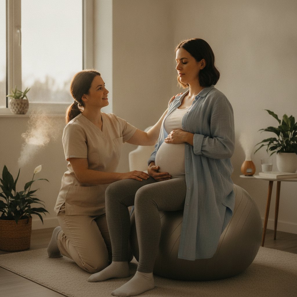 Communiquer avec sage-femme pendant le travail - exercice de respiration sur ballon de naissance