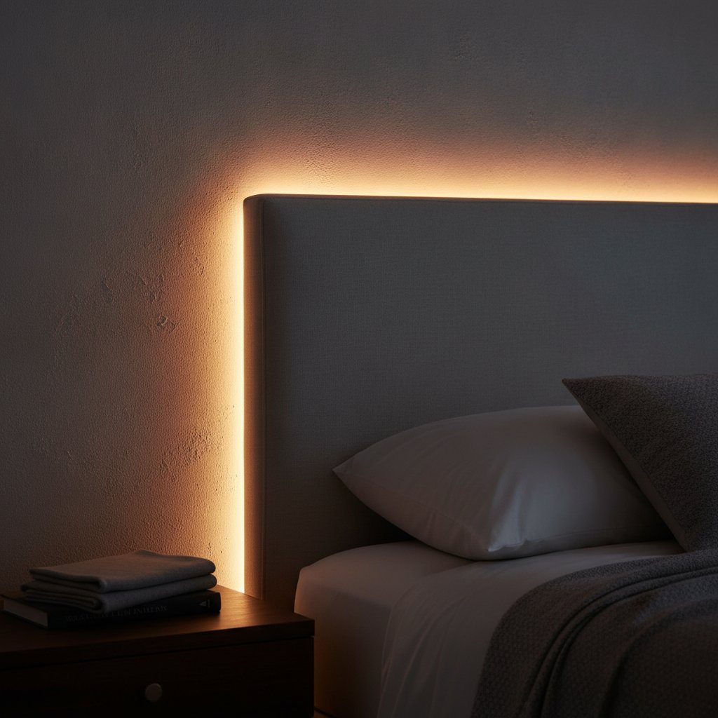Éclairage indirect chambre couple - ruban LED derrière la tête de lit