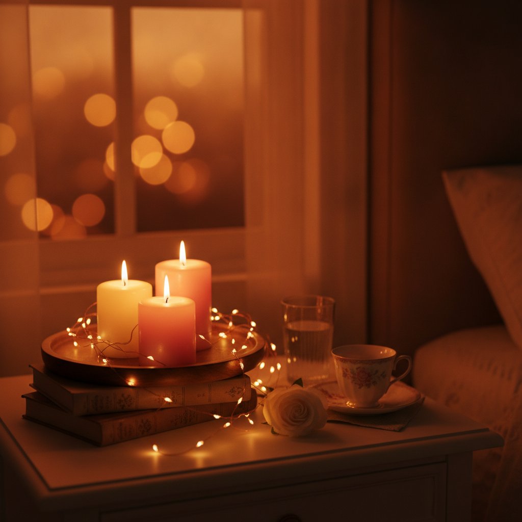 Éclairage indirect chambre couple - bougies et guirlande lumineuse sur table de chevet