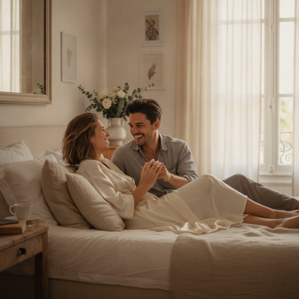 G&eacute;rer la g&ecirc;ne des bruits pendant l'amour - couple en pleine communication complice sur le lit