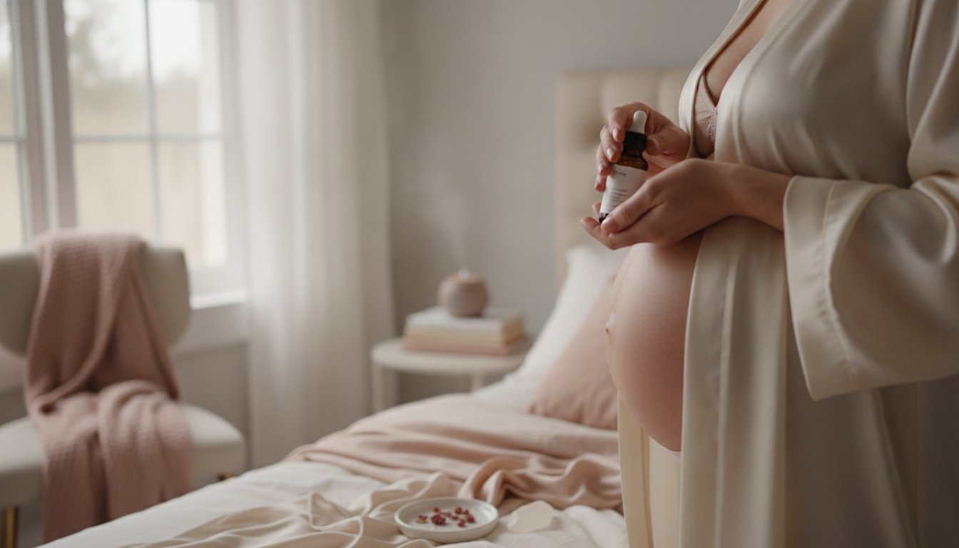 huile jojoba massage perinee grossesse - femme enceinte tenant un flacon d'huile