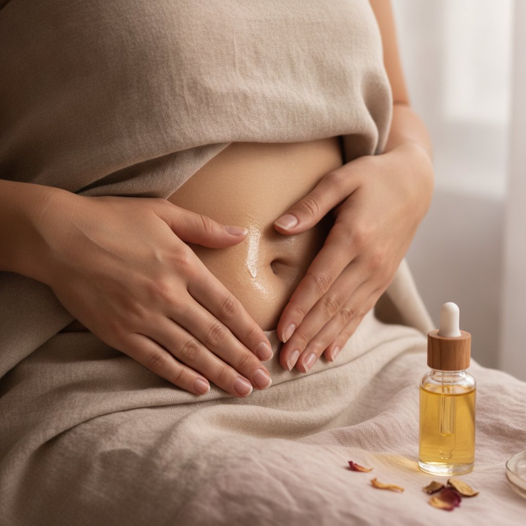 Huile rose musquee cicatrice cesarienne - massage des mains sur la cicatrice