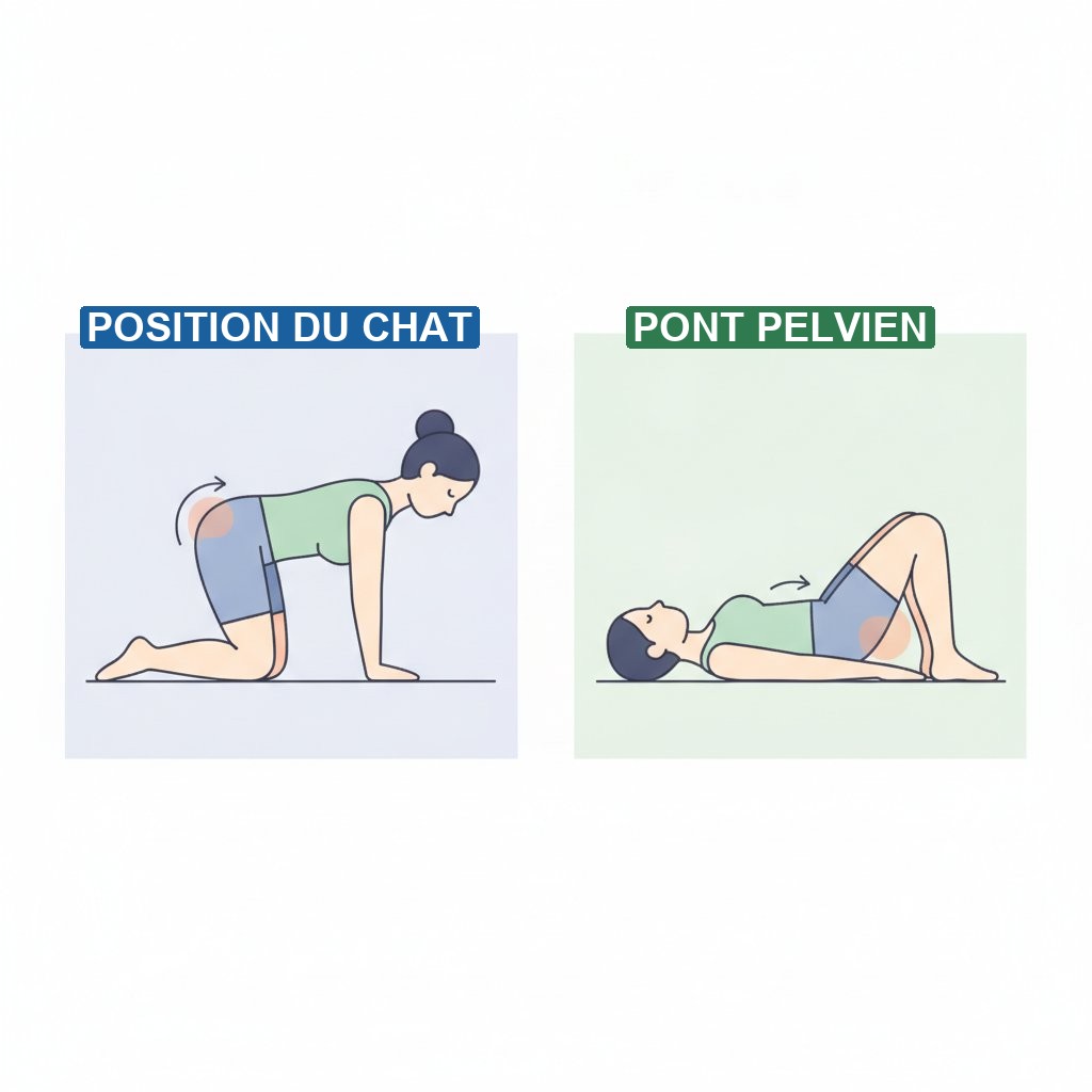 reeducation perinee post partum exercices maison - comparaison position du chat et pont pelvien