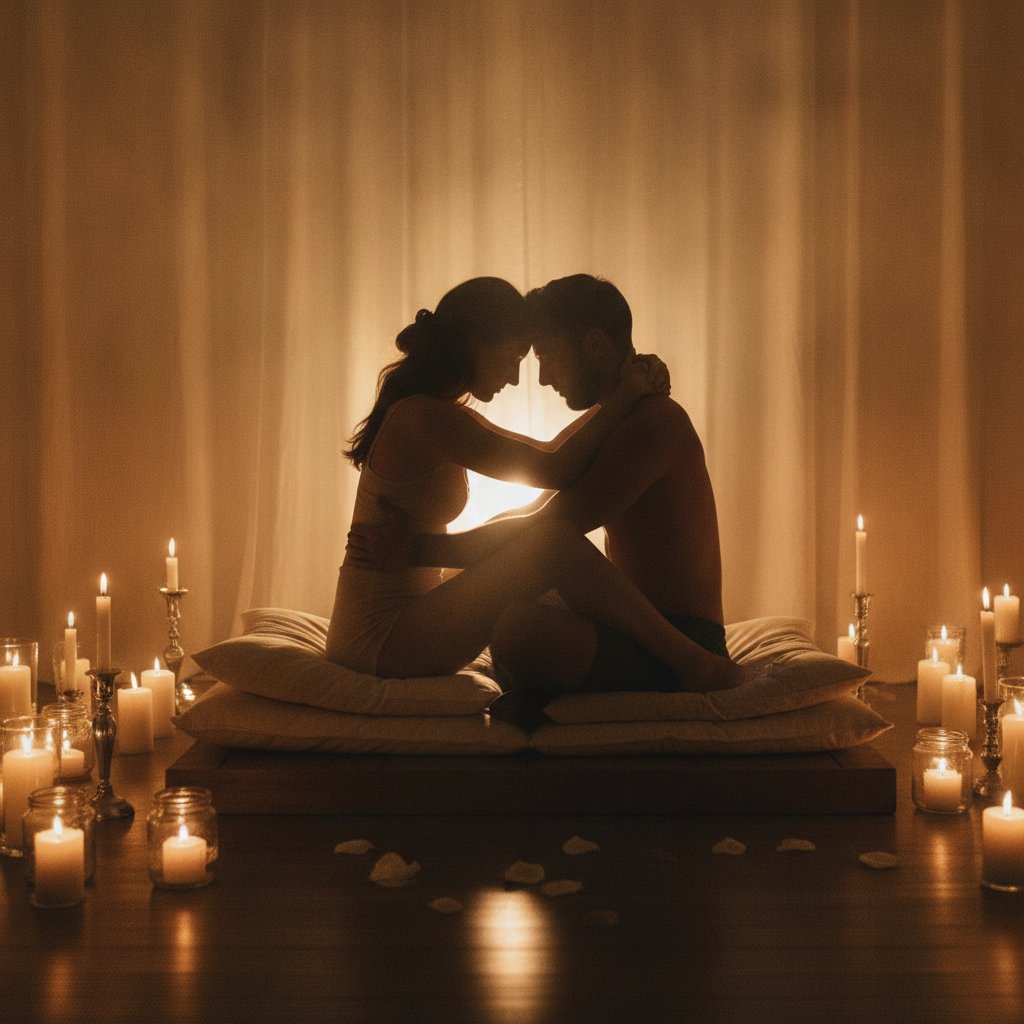 Respiration circulaire tantrique couple technique - posture proche façon yab-yum à la lueur des bougies