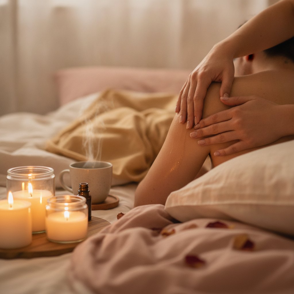 Rituel bain couple ambiance sensorielle - application d'huile de massage après le bain