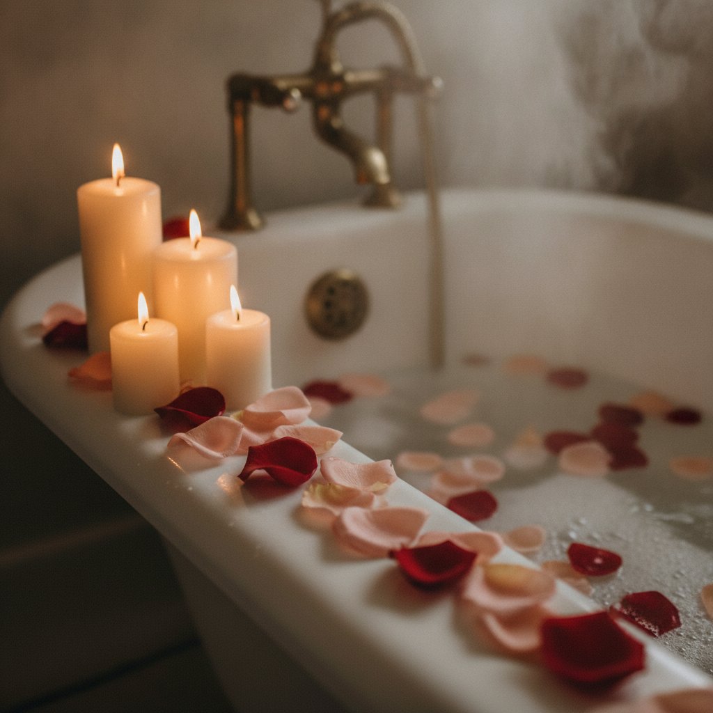 Rituel bain couple ambiance sensorielle - bougies et pétales de rose au bord de la baignoire