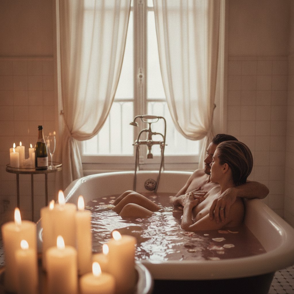 Rituel bain couple ambiance sensorielle - couple se détendant ensemble dans une baignoire
