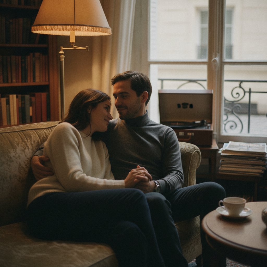 Rituel reconnexion couple apres dispute - couple en conversation apaisee sur un canape