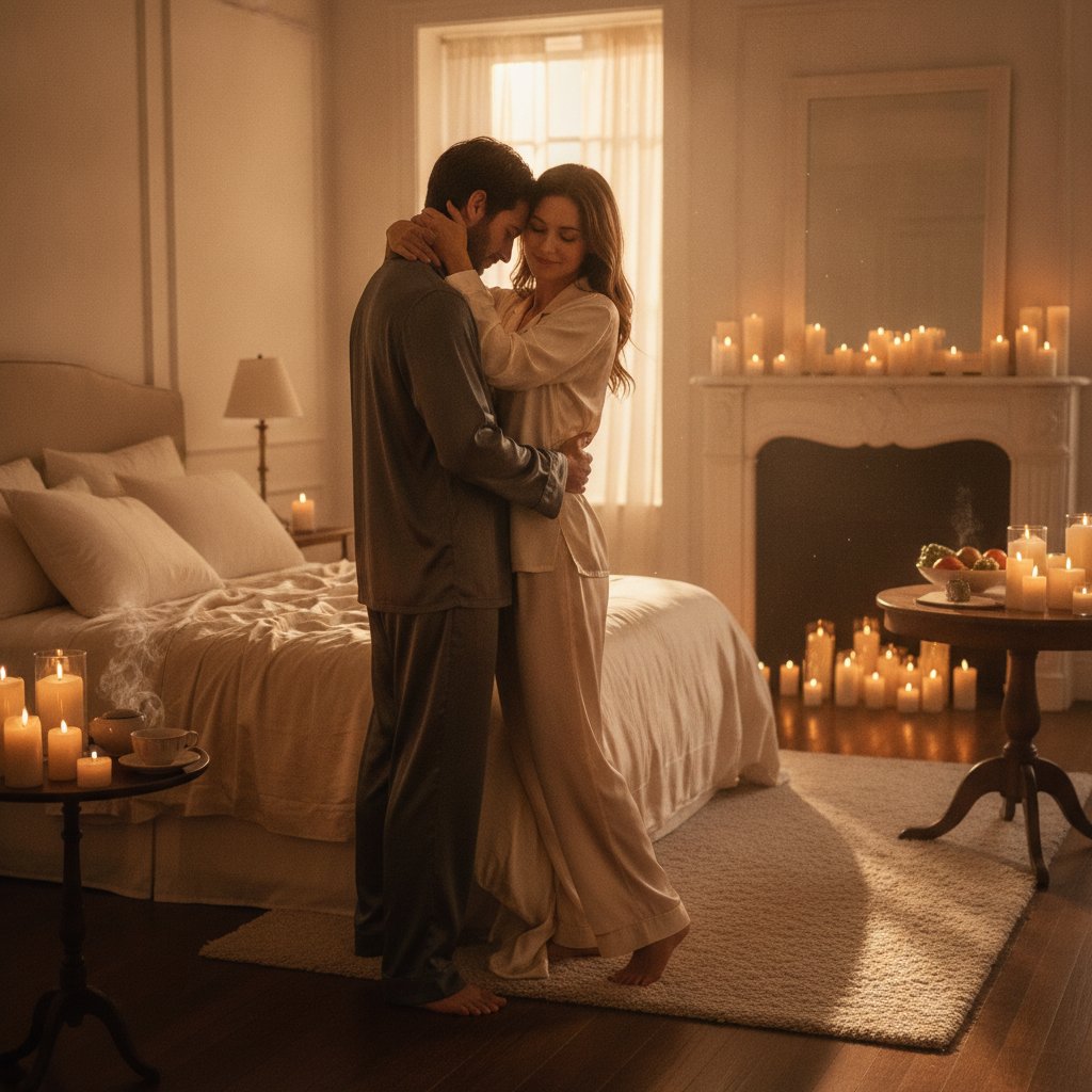 Rituel reconnexion couple apres dispute - couple enlace dans une chambre aux bougies