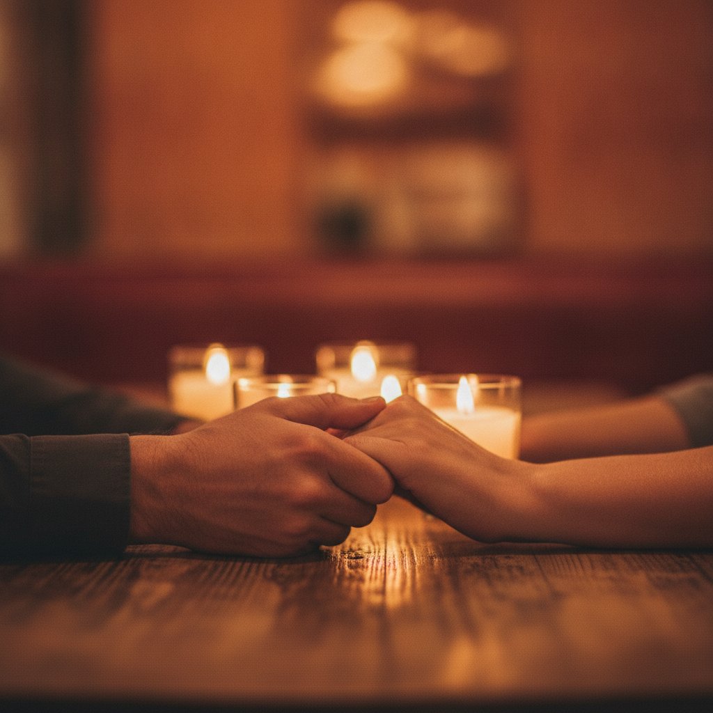 Rituel reconnexion couple apres dispute - mains jointes à la lueur des bougies
