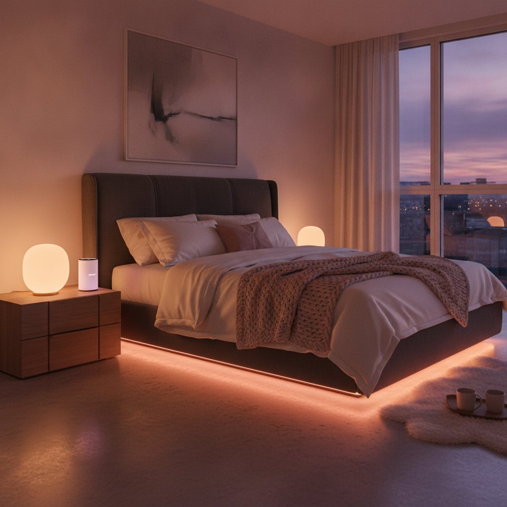 routine domotique soiree couple automatisation - chambre avec eclairage connecte