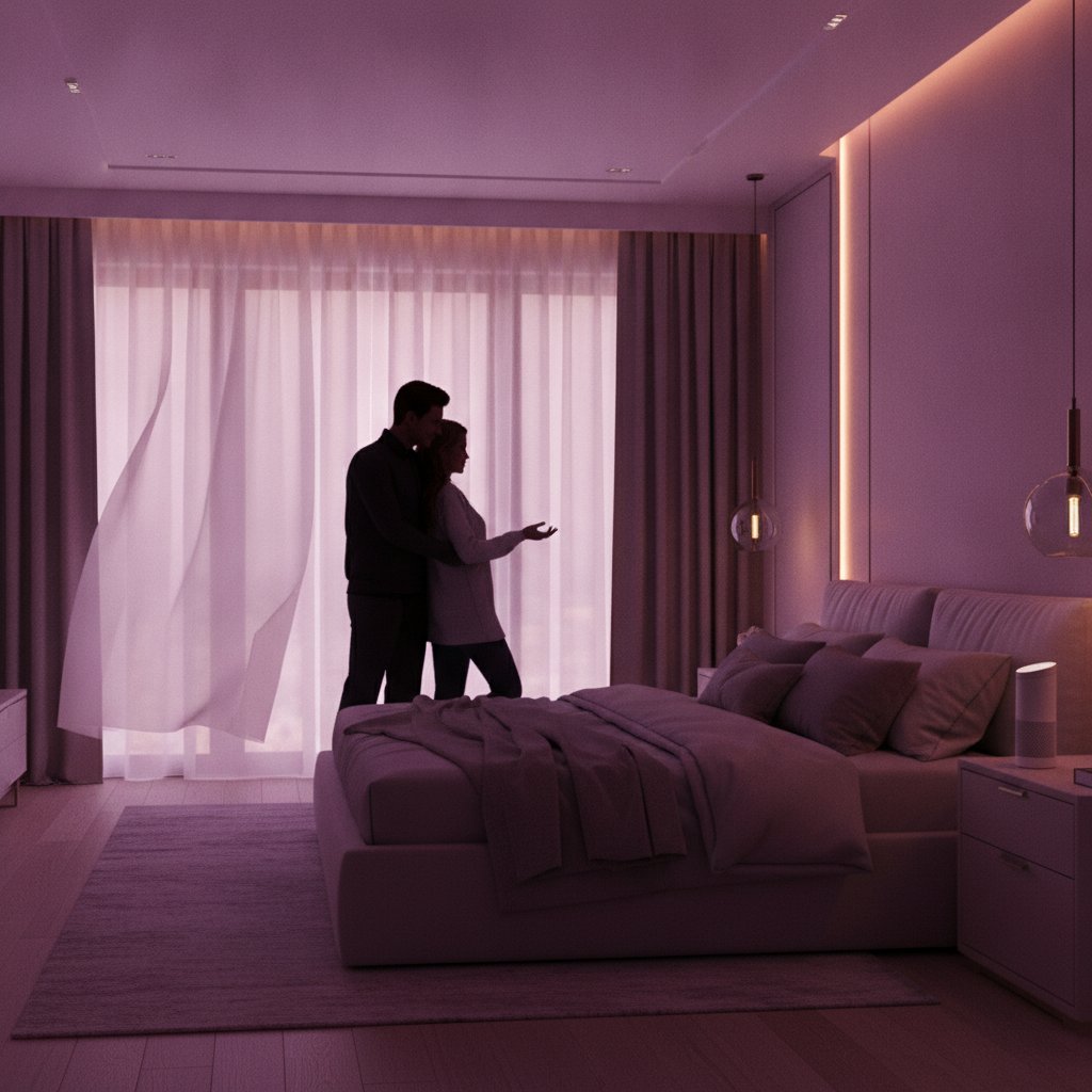 Couple utilisant une routine vocale pour l ambiance de la chambre