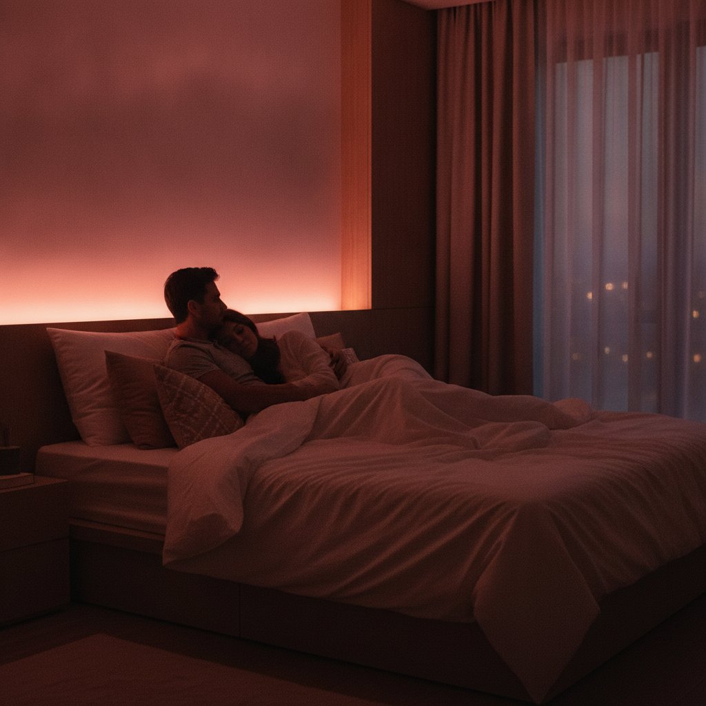 Ruban LED tête de lit chambre romantique - couple détendu dans une ambiance lumineuse tamisée