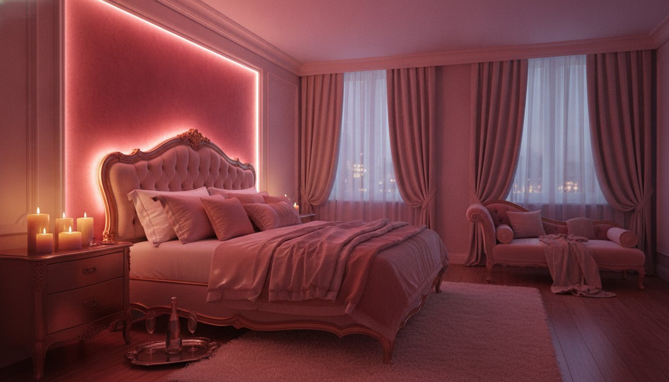Ruban LED tête de lit chambre romantique - ambiance lumineuse rose derrière la tête de lit