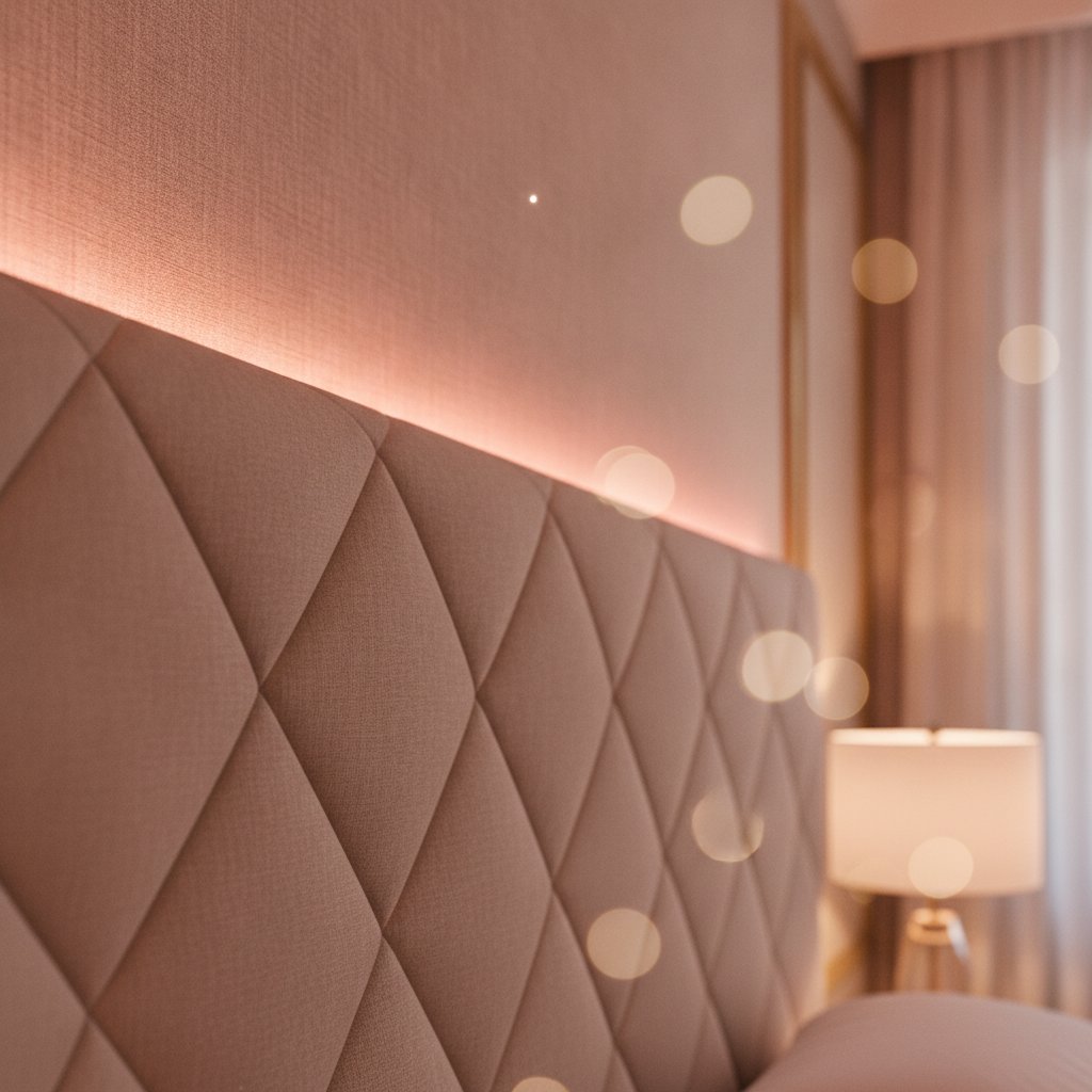 Ruban LED tête de lit chambre romantique - détail du bandeau lumineux chaud derrière la tête de lit