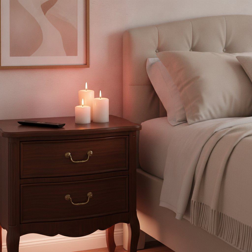 Ruban LED tête de lit chambre romantique - télécommande et bougies sur la table de chevet