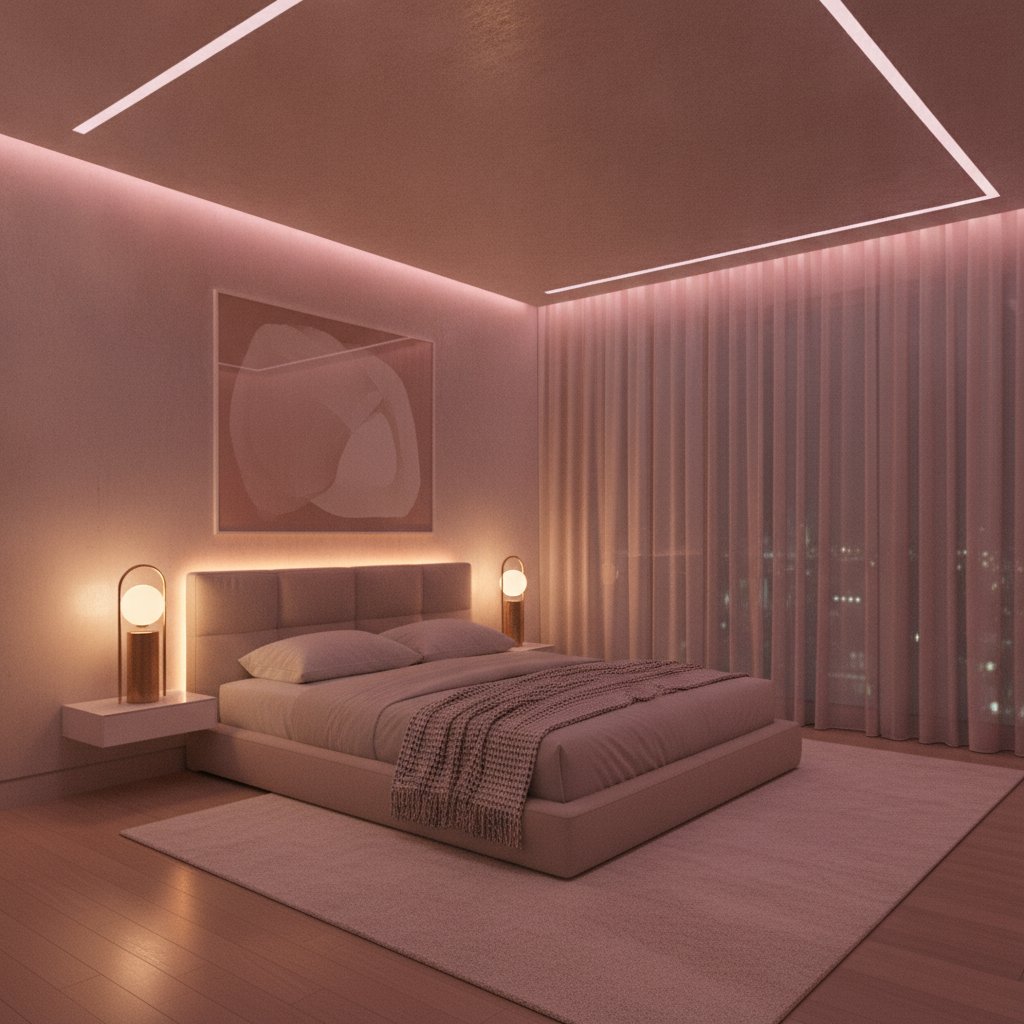Ruban LED tête de lit chambre romantique - vue d'ensemble d'une chambre à coucher éclairée