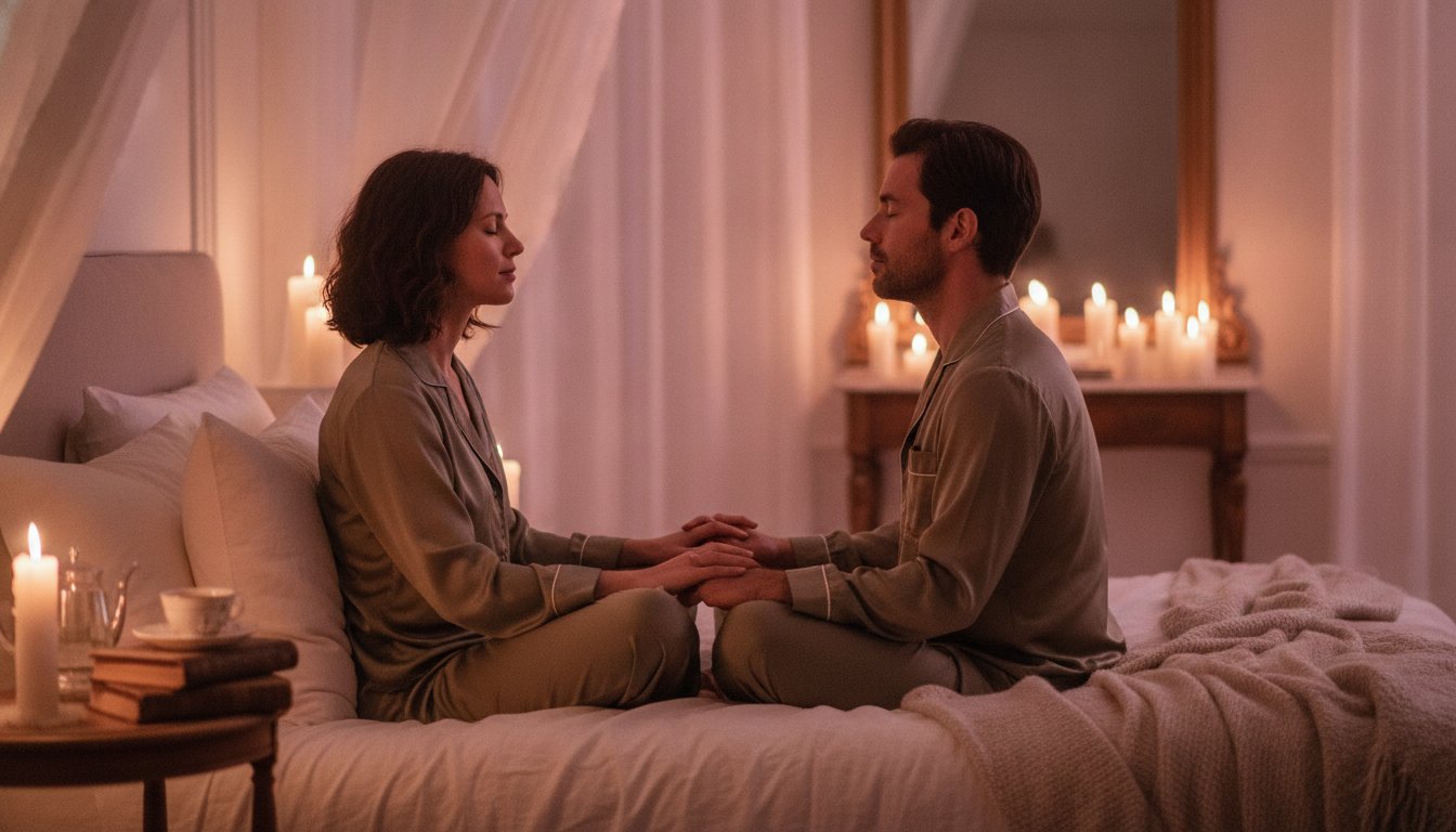 Scan corporel couple exercice pleine conscience - couple en meditation main dans la main