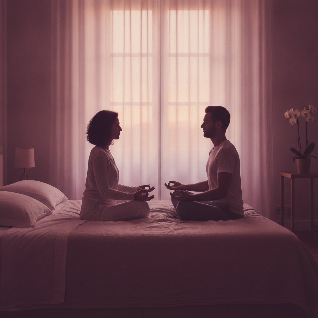 Scan corporel couple assis face à face en méditation du soir