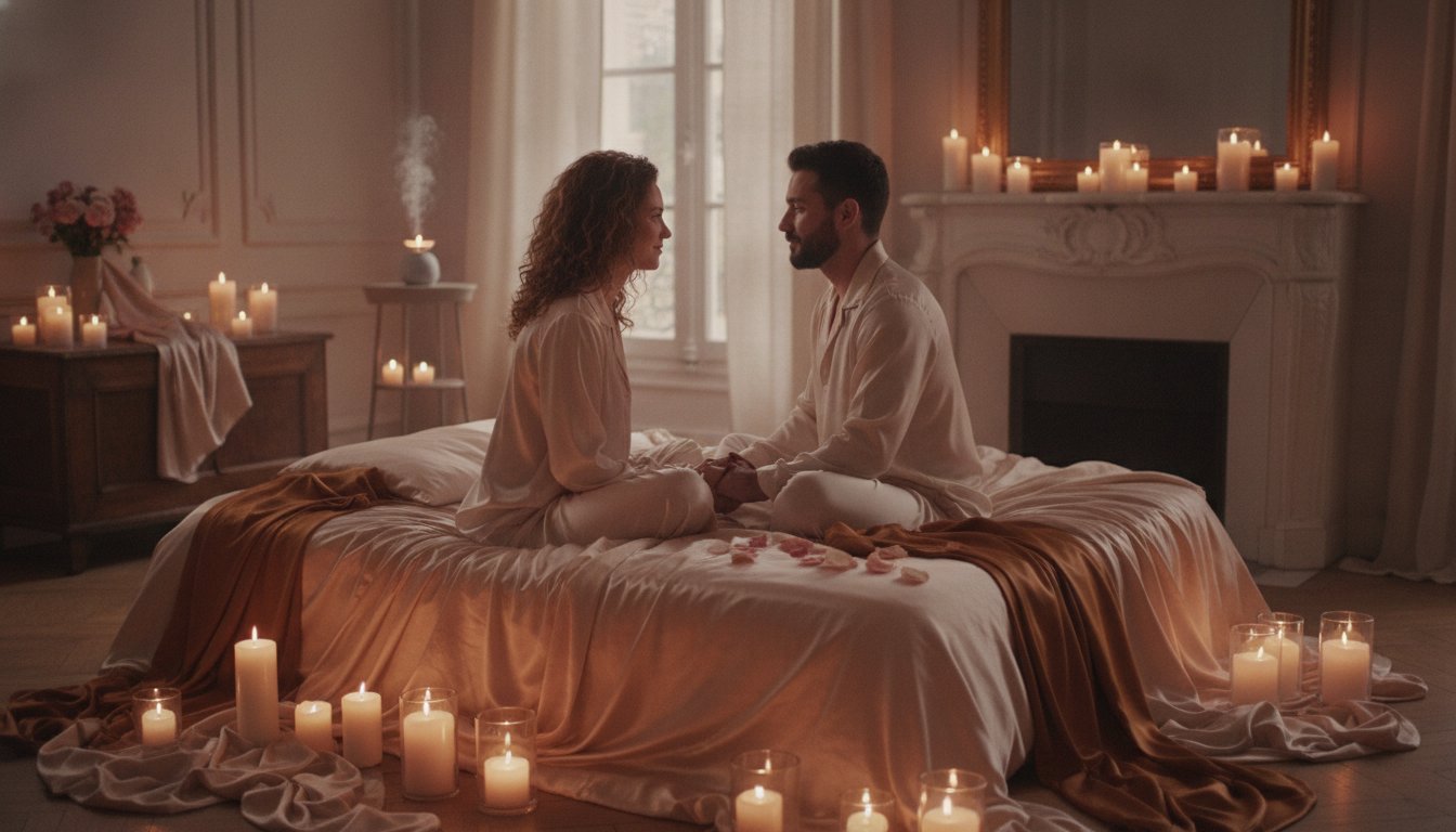 Tantra couple débutant par ou commencer - couple assis face à face aux chandelles