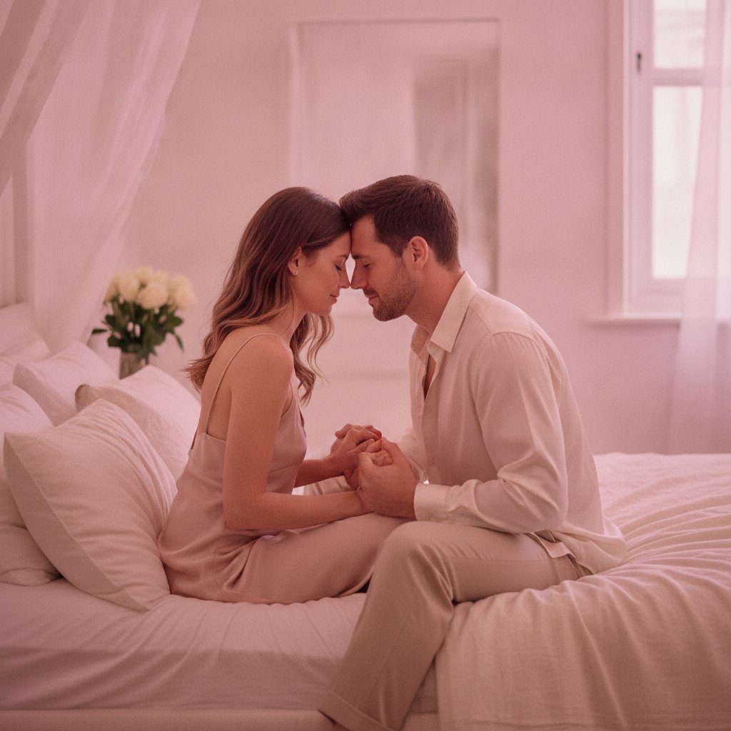 Tantra couple débutant par ou commencer - couple assis front contre front les yeux fermés