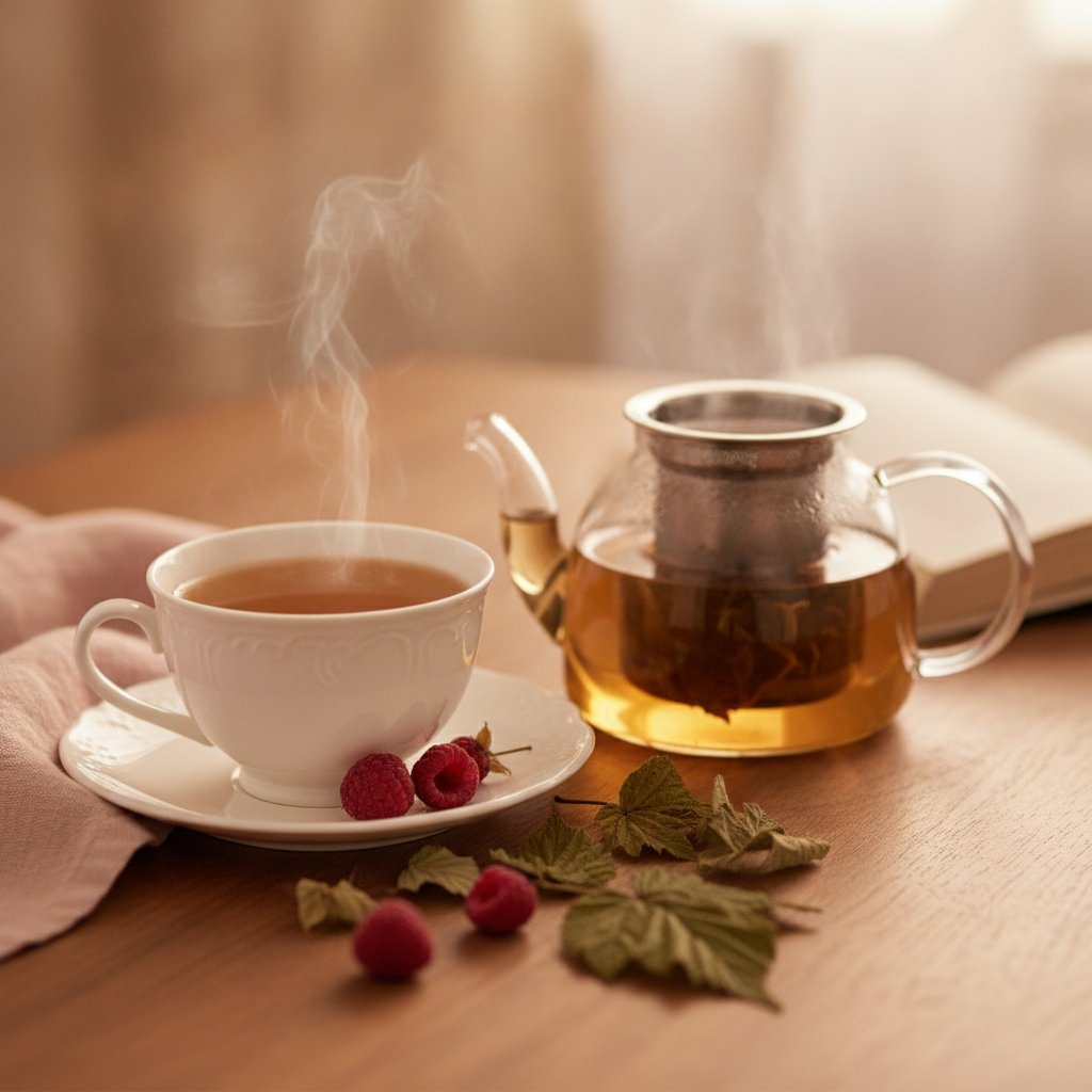 Tisane framboisier fin grossesse preparer accouchement - tasse de tisane et feuilles de framboisier