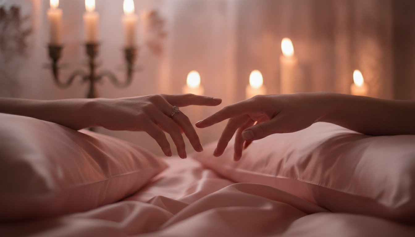 Toucher conscient couple exercice sensoriel - mains qui se rapprochent sur des draps en soie