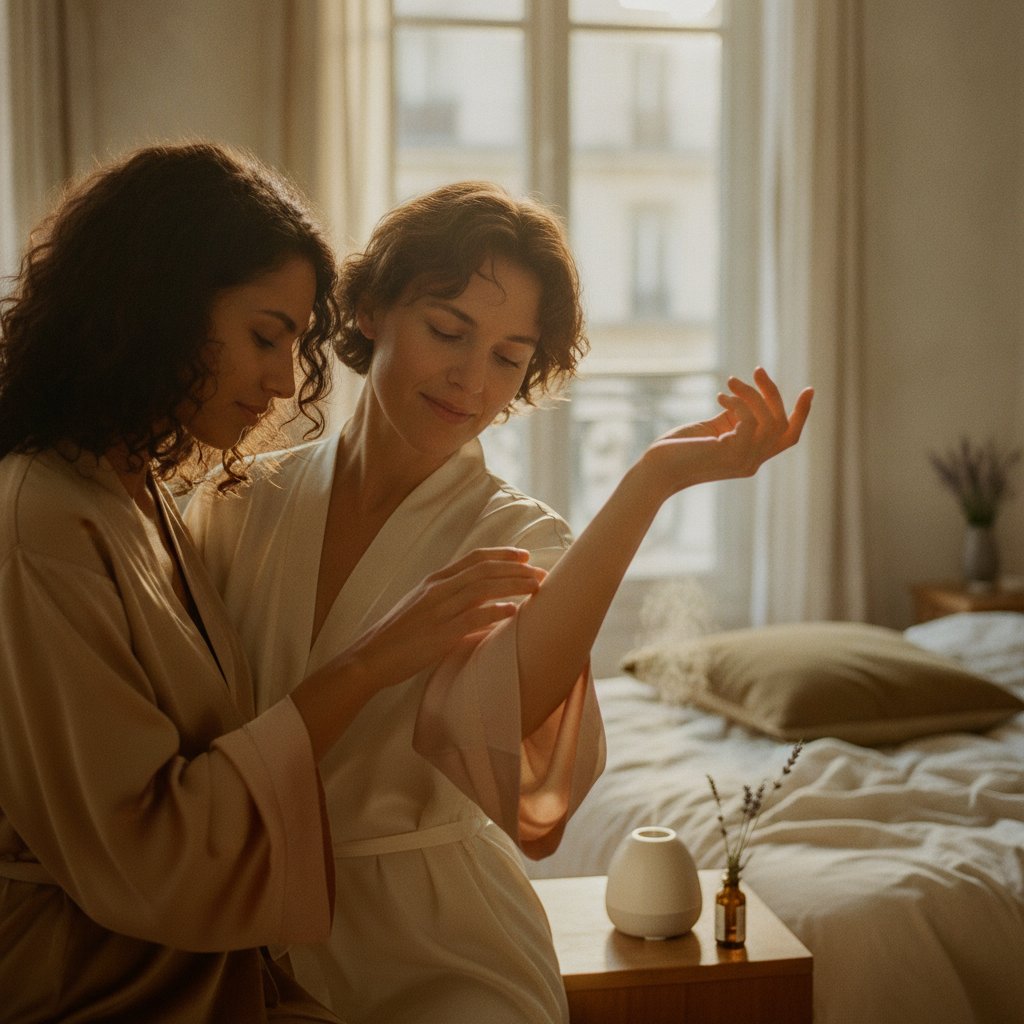 Toucher conscient couple exercice sensoriel - main qui effleure le bras du partenaire
