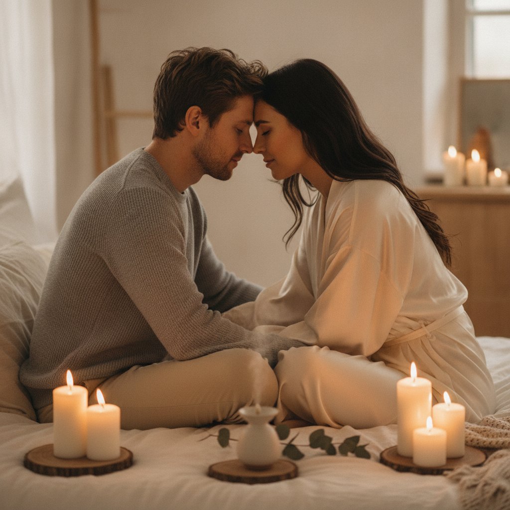 Toucher conscient couple exercice sensoriel - couple front contre front en pleine conscience